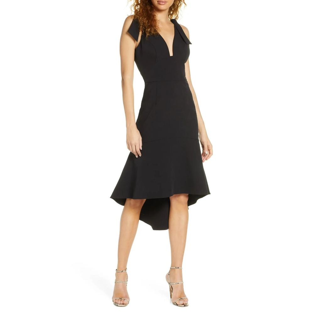 Harlyn Womens Plunge Neck Bow Shoulder High/Low Cocktail Dress Black Size Large